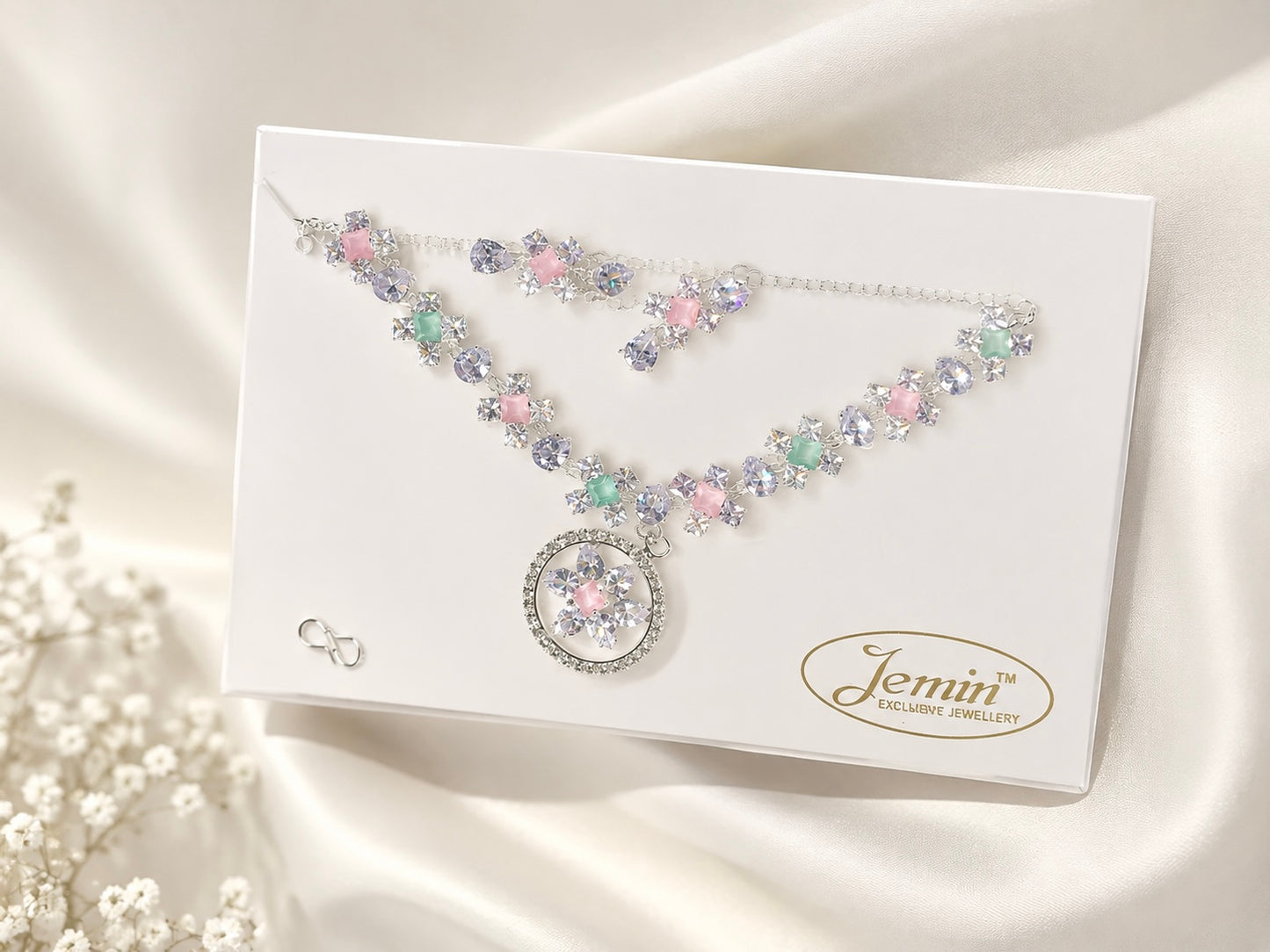 Silver Plated Pastel Gemstone & Floral Circle CZ Pendant Necklace Set with Matching Drop Earrings