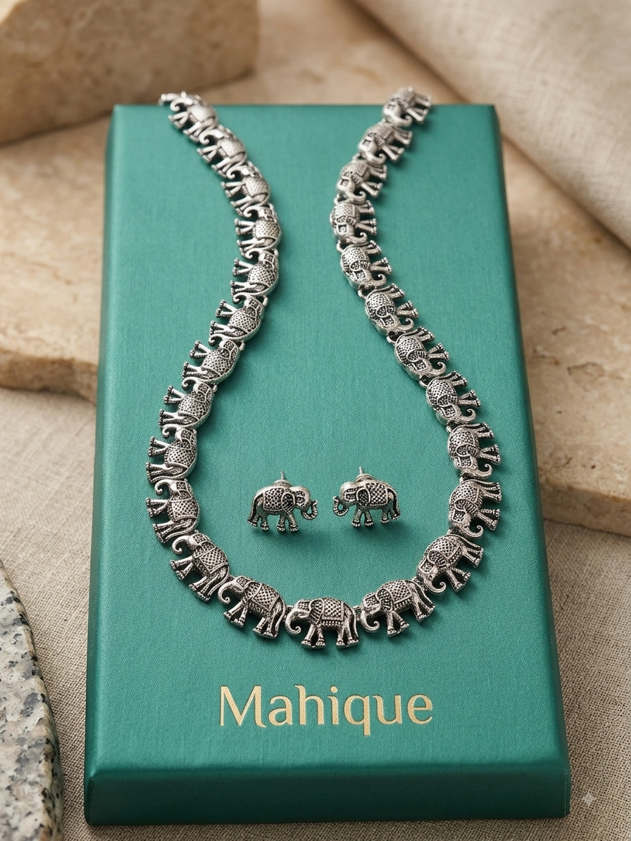 Antique Oxidised Silver Elephant Motif Necklace with Matching Stud Earrings Set