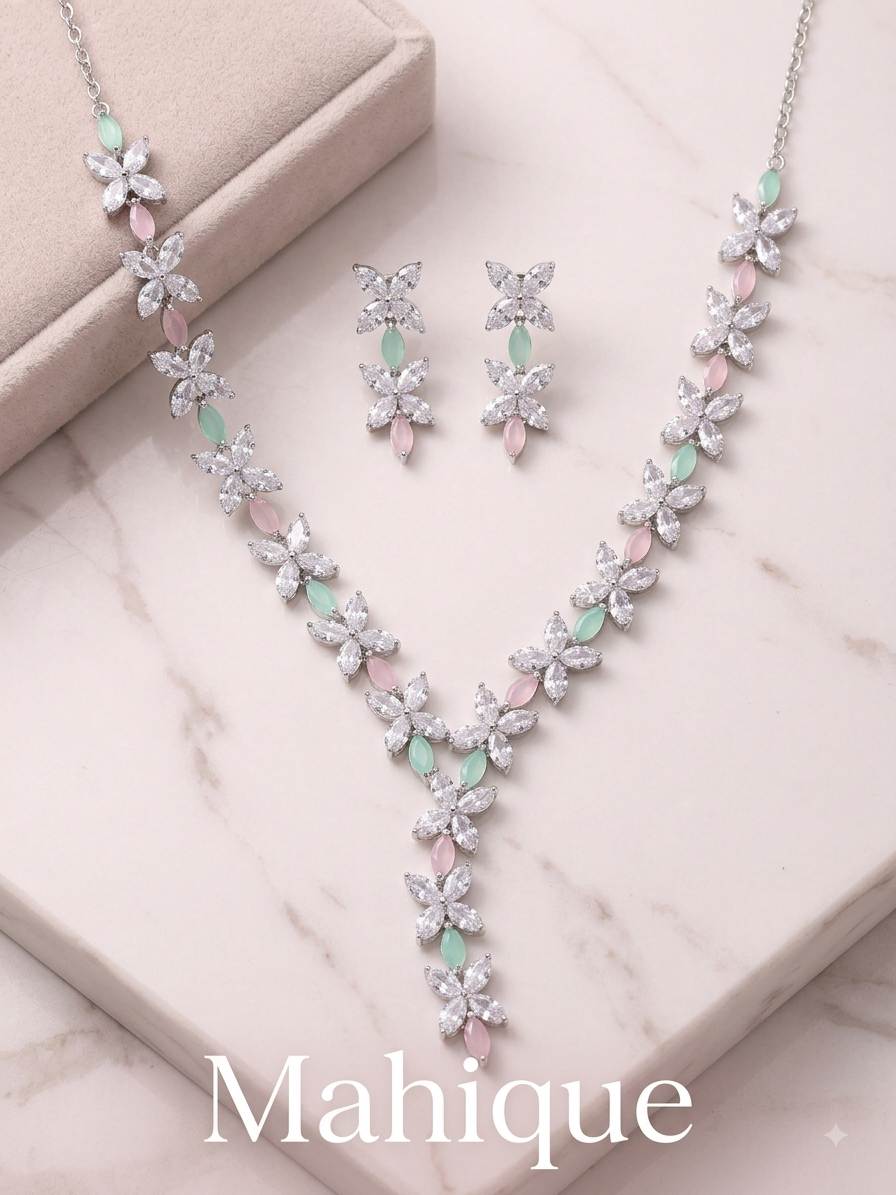 Silver Plated Floral CZ Y-Necklace Set with Pastel Mint Green & Pink Accents
