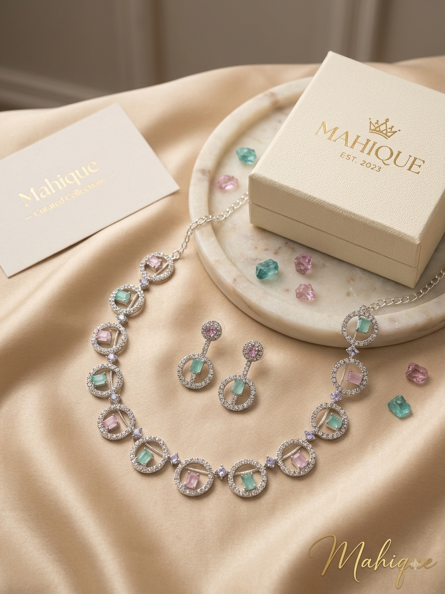 Silver Plated Pastel Gemstone & Circular CZ Necklace Set with Matching Drop Earrings