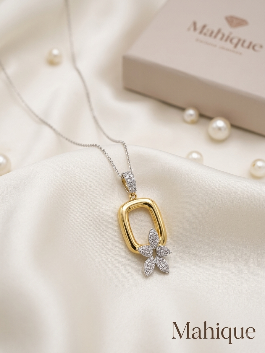 Dual Tone Oval Frame Floral CZ Pendant Necklace for Women
