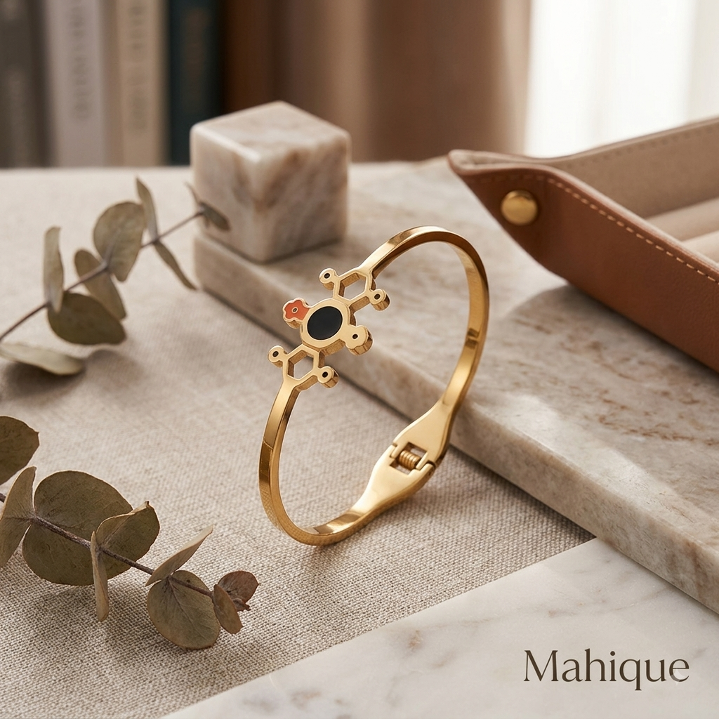 Gold Plated Geometric Motif Enamel Hinge Bangle Bracelet
