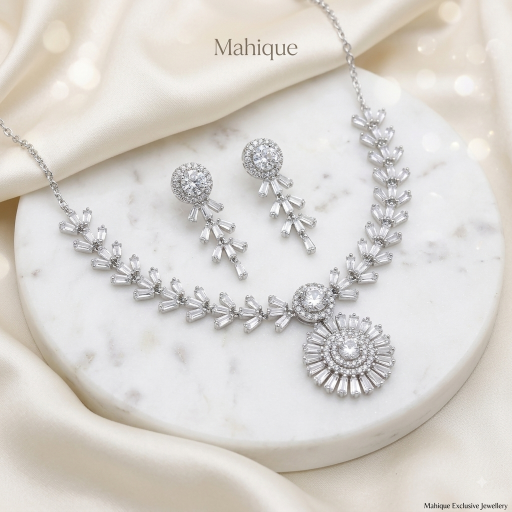 Silver Plated Baguette CZ Sunburst Pendant Necklace Set with Matching Drop Earrings