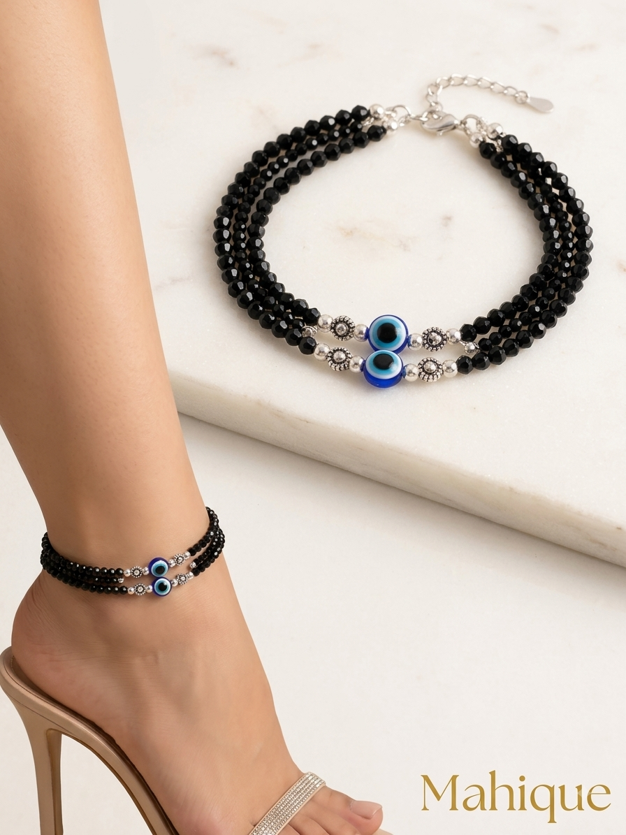 Silver Plated Multi-Layer Black Crystal Beaded Evil Eye Anklet