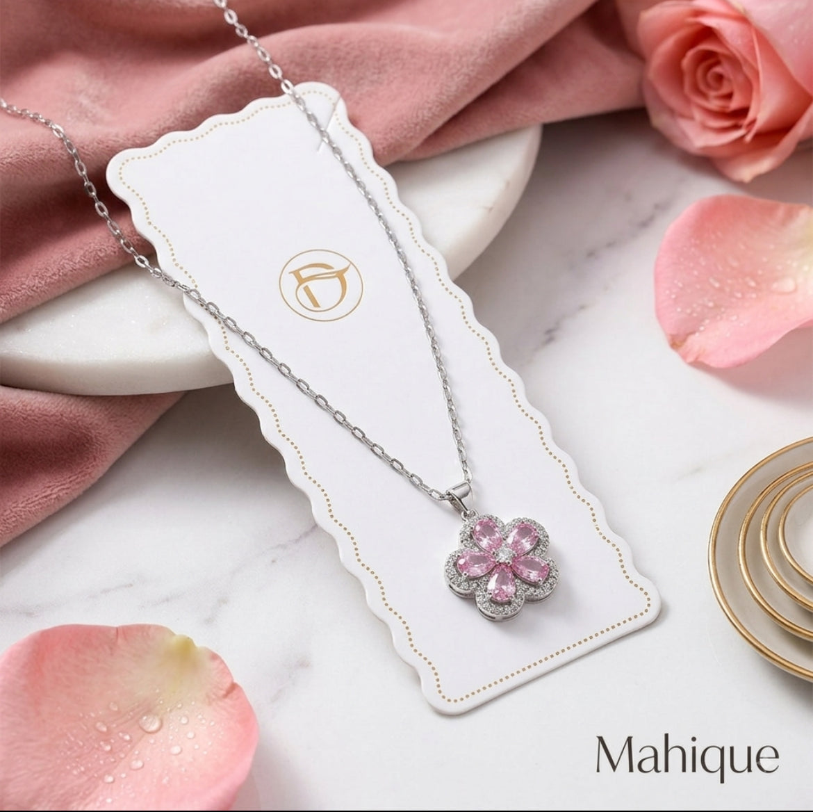 Silver Plated Pink Floral CZ Pendant Chain Necklace