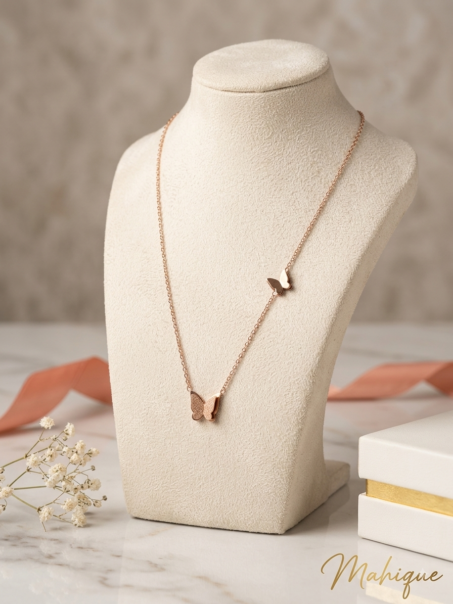 Stainless Steel Rose Gold Plated Dual Butterfly Asymmetric Chain Necklace