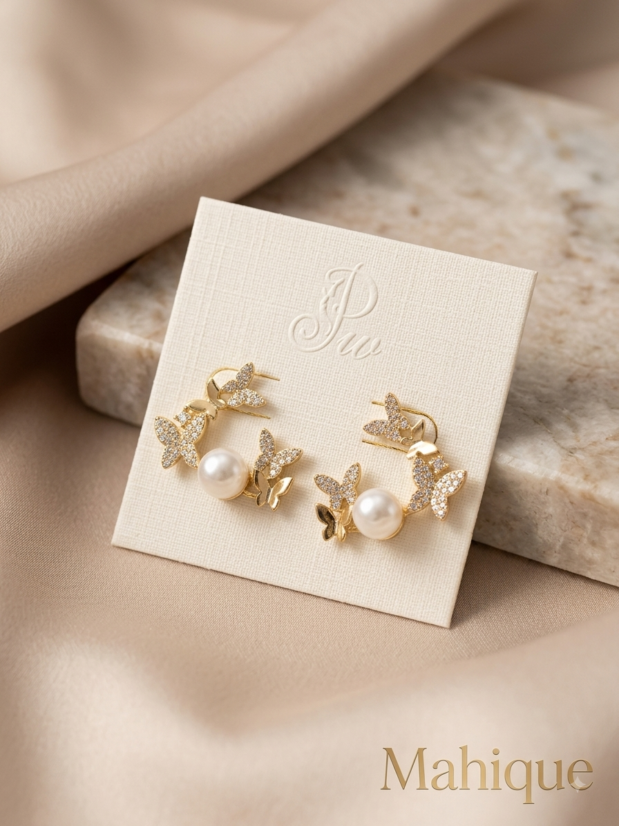 Gold Plated Pavé CZ Butterfly Cluster & Pearl Half-Hoop Earrings