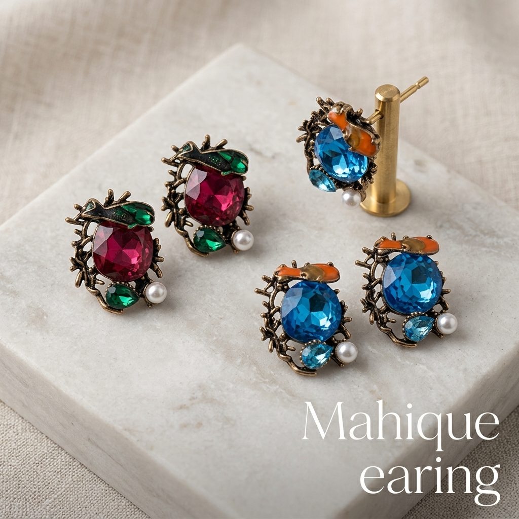 Antique Gold Crystal & Enamel Fish Branch Stud Earrings