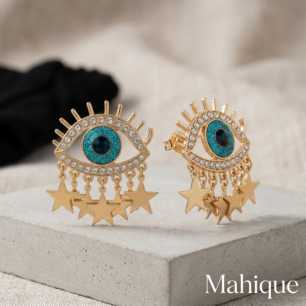 Evil Eye Celestial Star Fringe Drop Stud Earrings – Gold Tone Turkish Eye Statement Jewelry