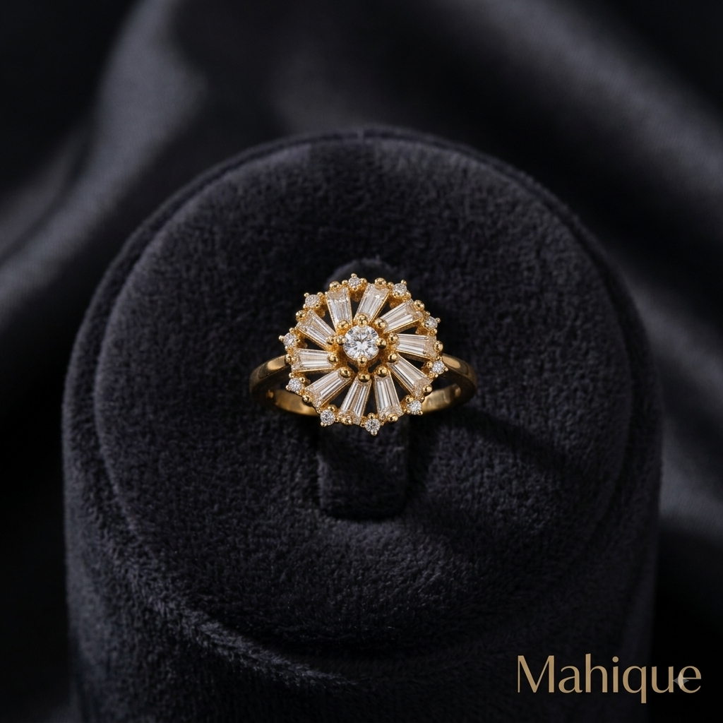 Gold Plated Radial Baguette CZ Bloom Statement Ring