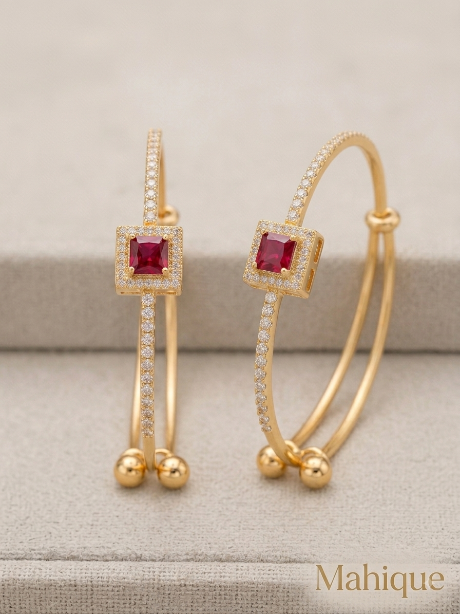 Gold Plated Ruby Red CZ Square Halo Cuff Bracelet Pair (Set of 2)