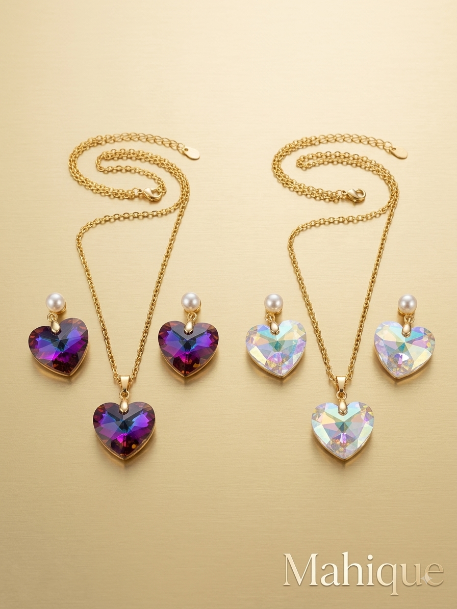 Gold Plated Faceted Crystal Heart Pendant Necklace & Earrings Set