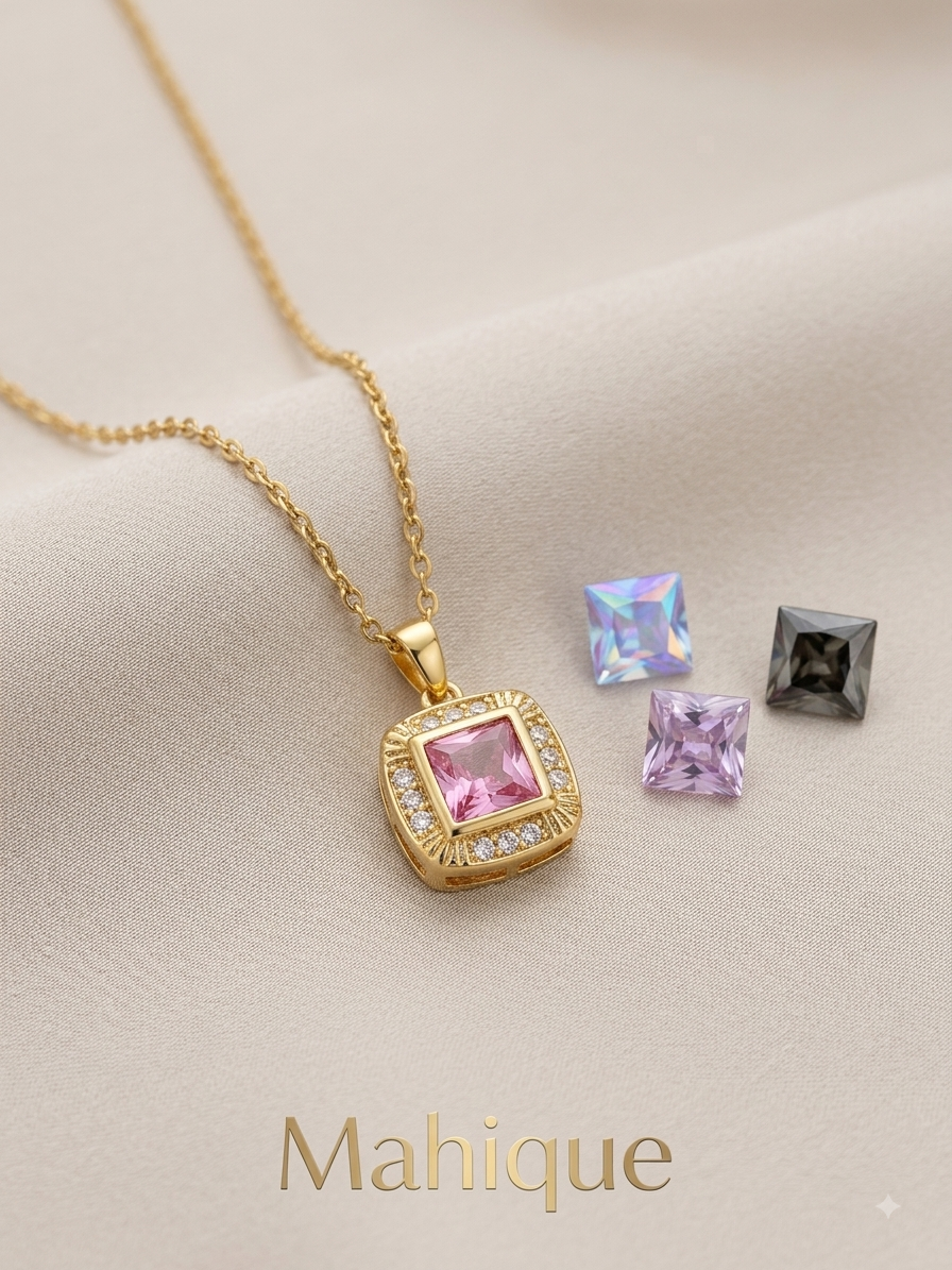 Gold Plated Halo Cushion Interchangeable Gemstone Pendant Necklace Set (6 Stones)