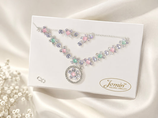 Silver Plated Pastel Gemstone & Floral Circle CZ Pendant Necklace Set with Matching Drop Earrings