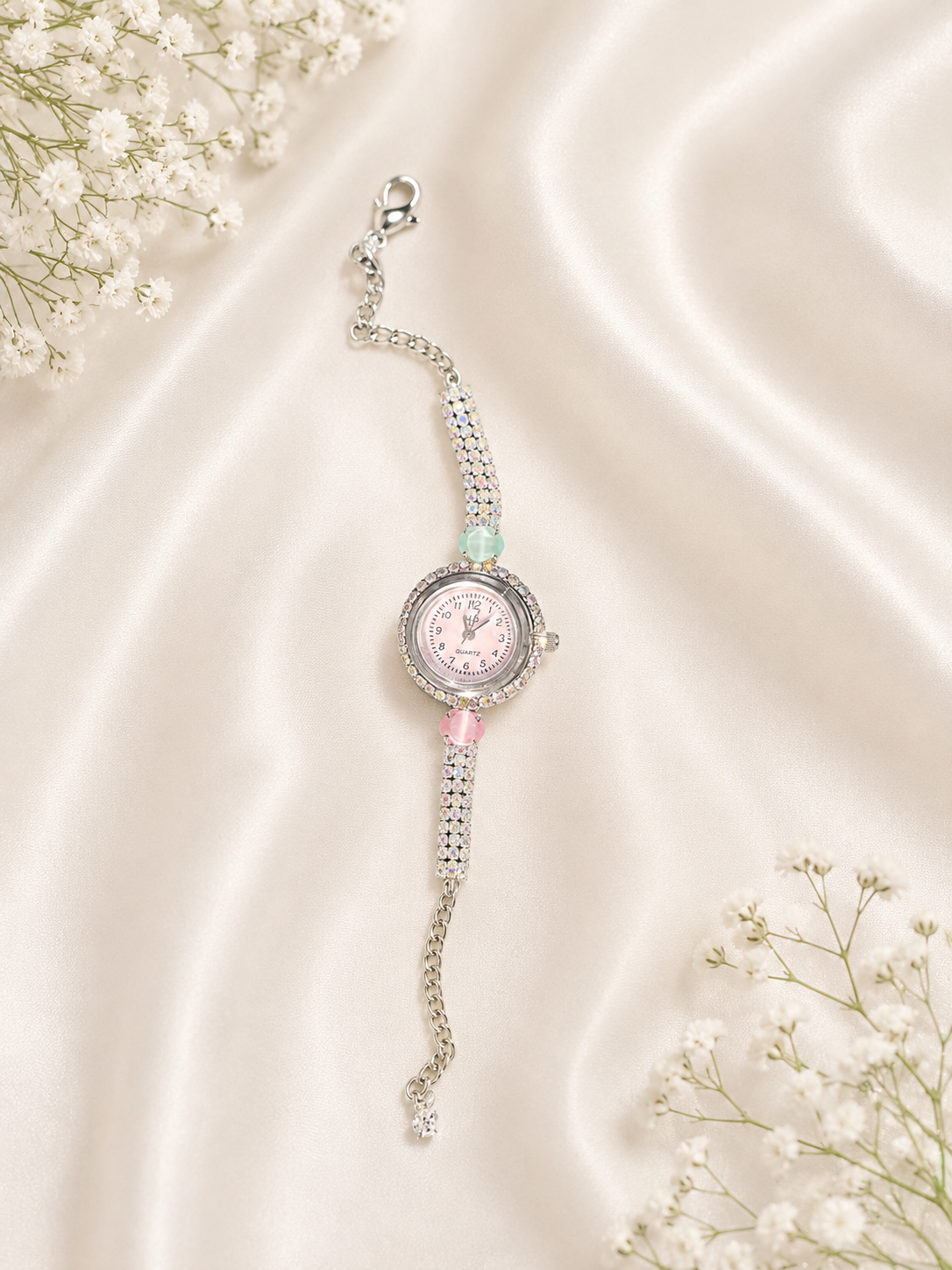 Silver Plated Crystal Embellished Pastel Bracelet Watch