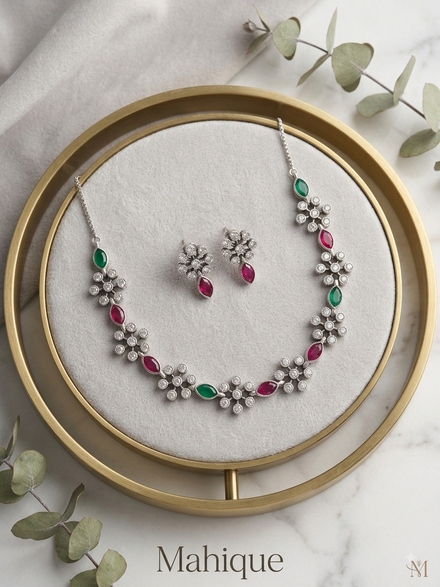 Silver Plated Ruby & Emerald CZ Floral Choker Necklace Set with Matching Drop Earrings