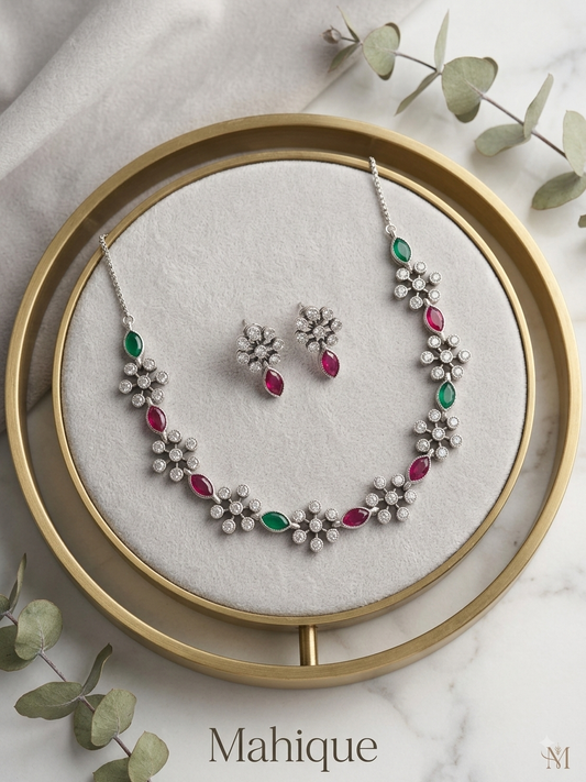 Silver Plated Ruby & Emerald CZ Floral Choker Necklace Set with Matching Drop Earrings