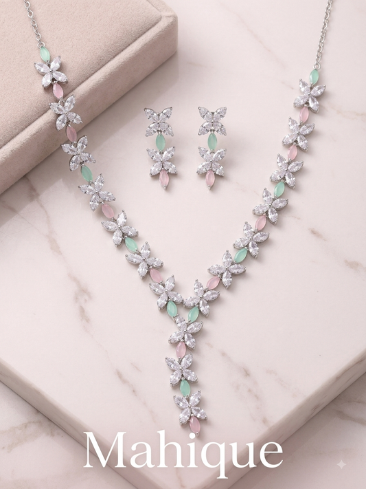 Silver Plated Floral CZ Y-Necklace Set with Pastel Mint Green & Pink Accents