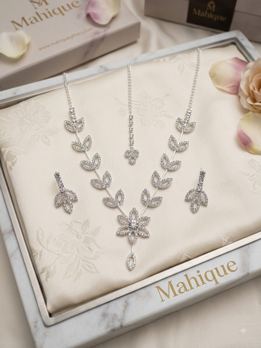 Silver Plated Leafy Floral CZ Necklace Set with Matching Maang Tikka & Drop Earrings