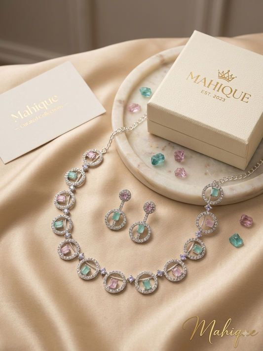 Silver Plated Pastel Gemstone & Circular CZ Necklace Set with Matching Drop Earrings