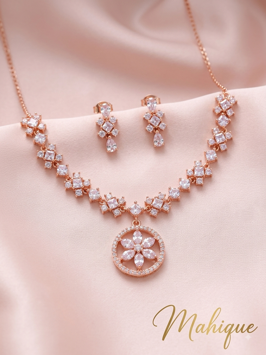Rose Gold Plated American Diamond Floral Circle Pendant Necklace Set with Matching Drop Earrings
