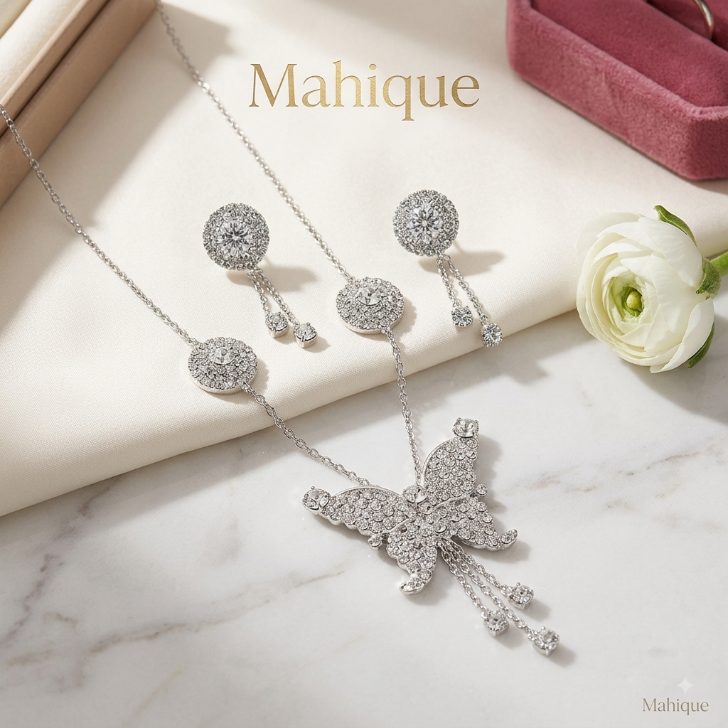 Silver Plated Sparkling CZ Butterfly Pendant Necklace Set with Dangle Stud Earrings