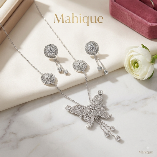 Silver Plated Sparkling CZ Butterfly Pendant Necklace Set with Dangle Stud Earrings