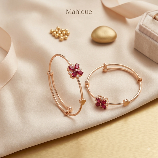Rose Gold Plated Ruby Floral & Heart Motif Adjustable Bracelet (Pair of 2)
