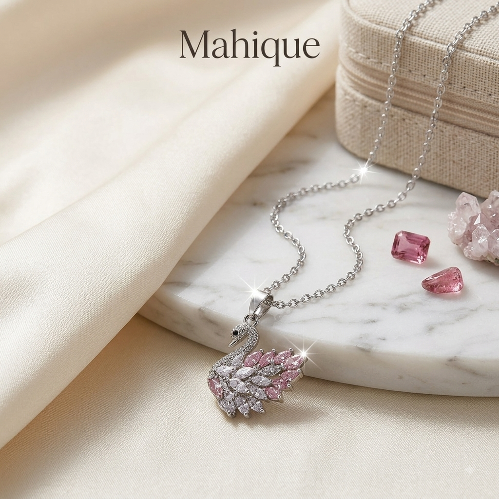 Silver Plated Pink & Clear Marquise CZ Graceful Swan Pendant Chain Necklace