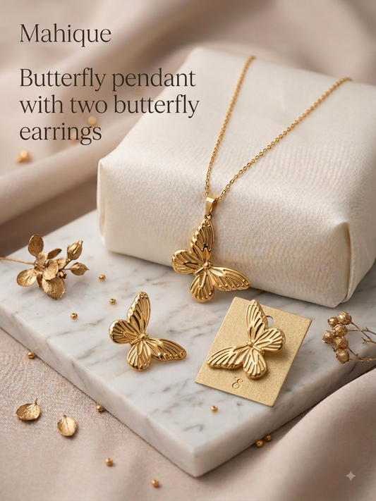 Gold Plated Textured Butterfly Pendant Chain & Earrings Set
