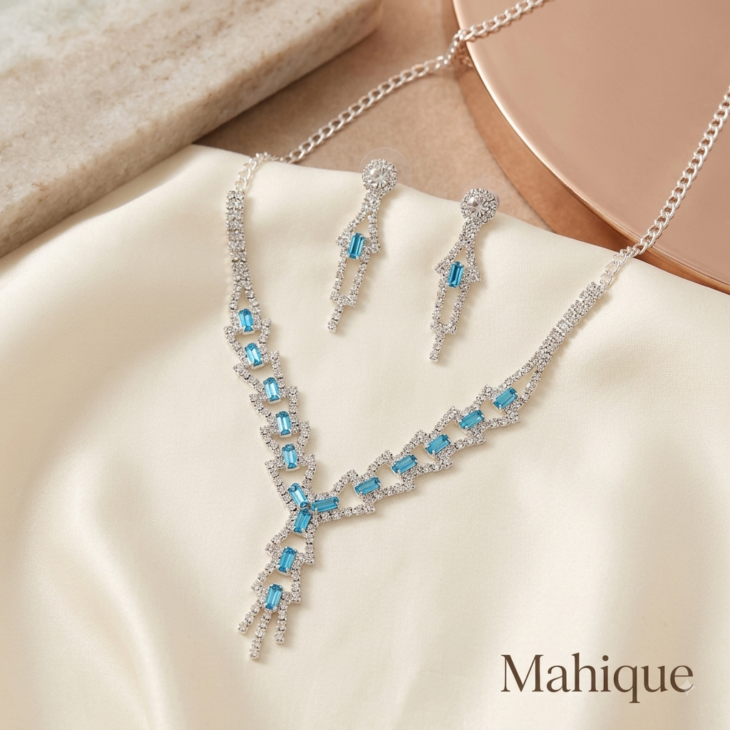 Silver Plated Aqua Blue Baguette CZ Geometric Y-Necklace Set with Matching Drop Earrings
