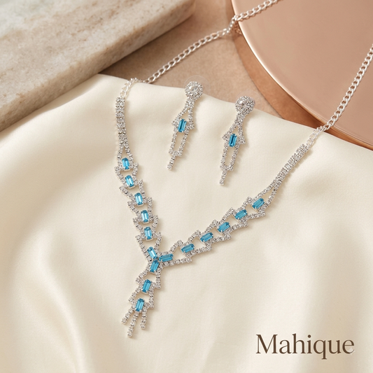 Silver Plated Aqua Blue Baguette CZ Geometric Y-Necklace Set with Matching Drop Earrings