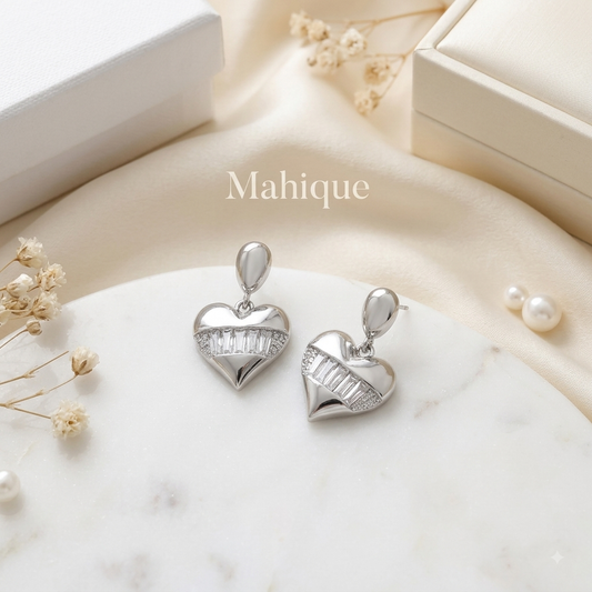 Silver Plated Puffy Heart Drop Earrings with Baguette CZ Accent