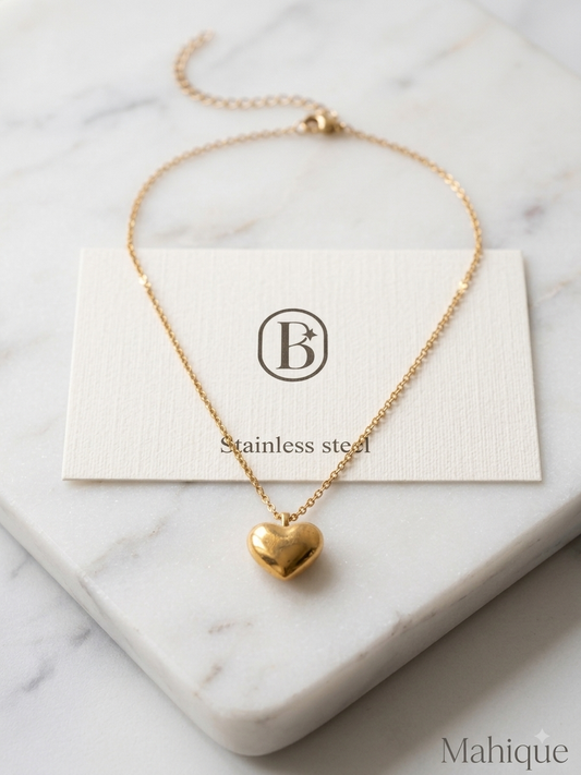 Stainless Steel Gold Plated Puffy Heart Pendant Chain Necklace