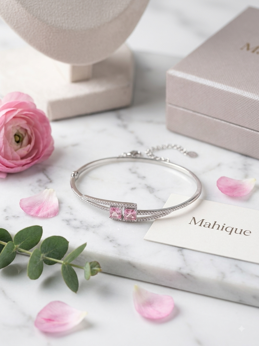 Silver Plated CZ Princess-Cut Dual Stone Split Band Cuff Bracelet