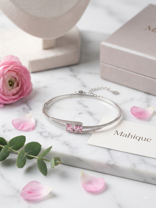 Silver Plated CZ Princess-Cut Dual Stone Split Band Cuff Bracelet