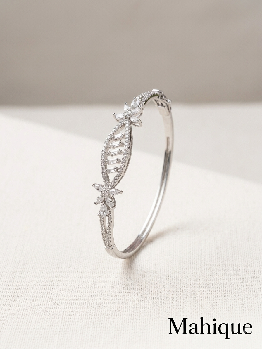 Silver Plated Floral Marquise & Baguette CZ Oval Cuff Bracelet
