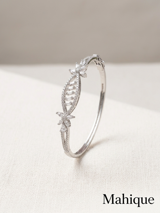 Silver Plated Floral Marquise & Baguette CZ Oval Cuff Bracelet
