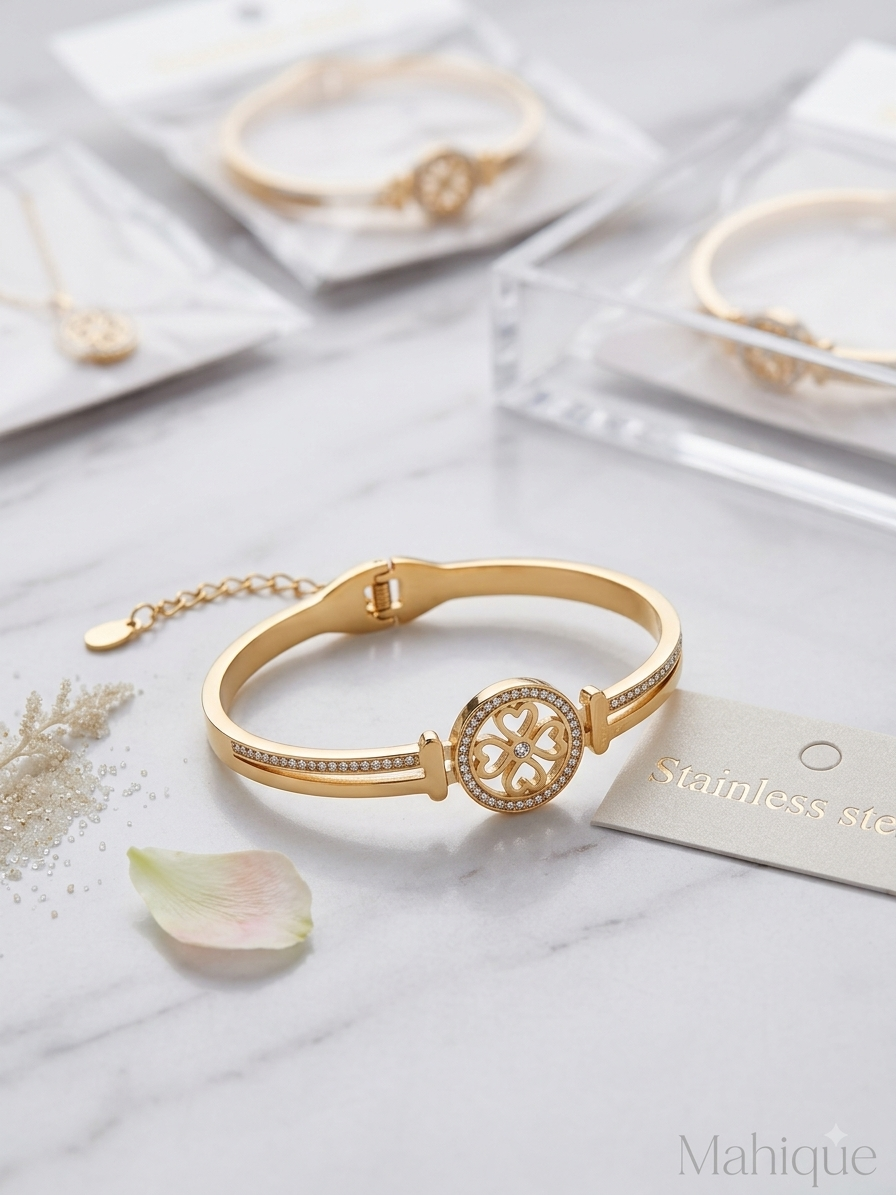 Gold Plated Stainless Steel Four-Leaf Heart Clover CZ Oval Cuff Bracelet