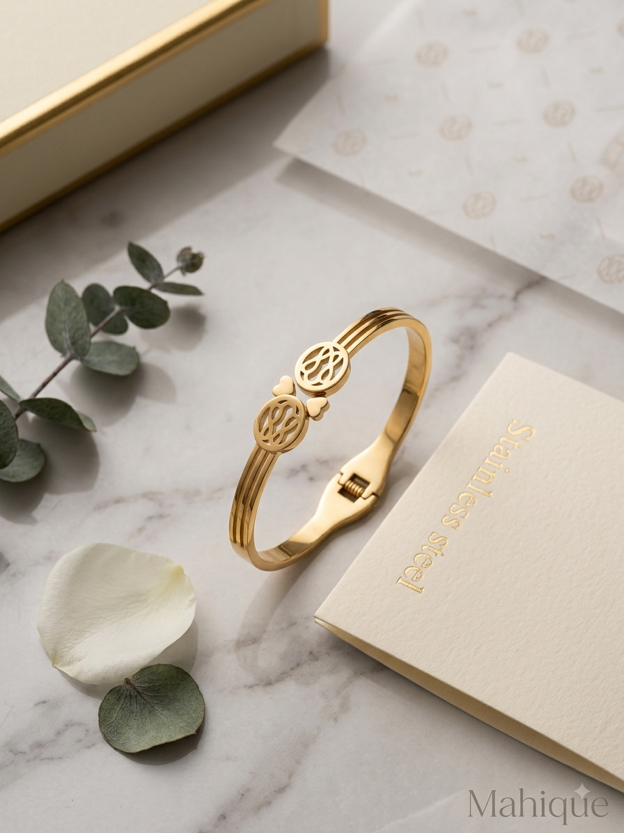 Stainless Steel Gold Plated Filigree Disc & Heart Hinge Bangle Bracelet