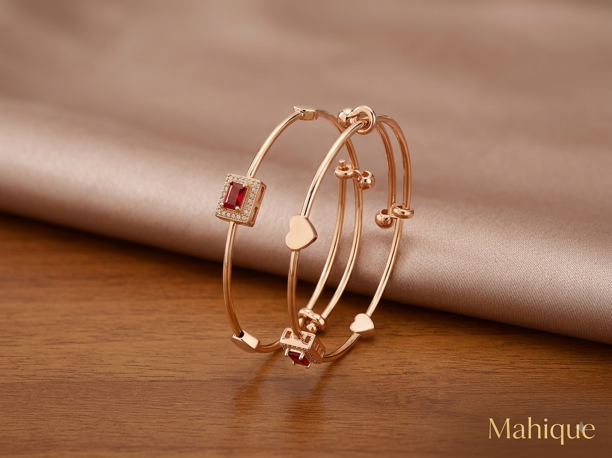 Mahique Rose Gold Plated Ruby Baguette & Heart Motif Adjustable Bangle (Pair of 2)