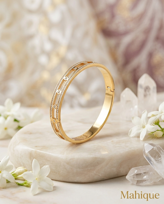Stainless Steel Gold Plated Micro-Pavé CZ Cutout Oval Hinged Cuff Bracelet