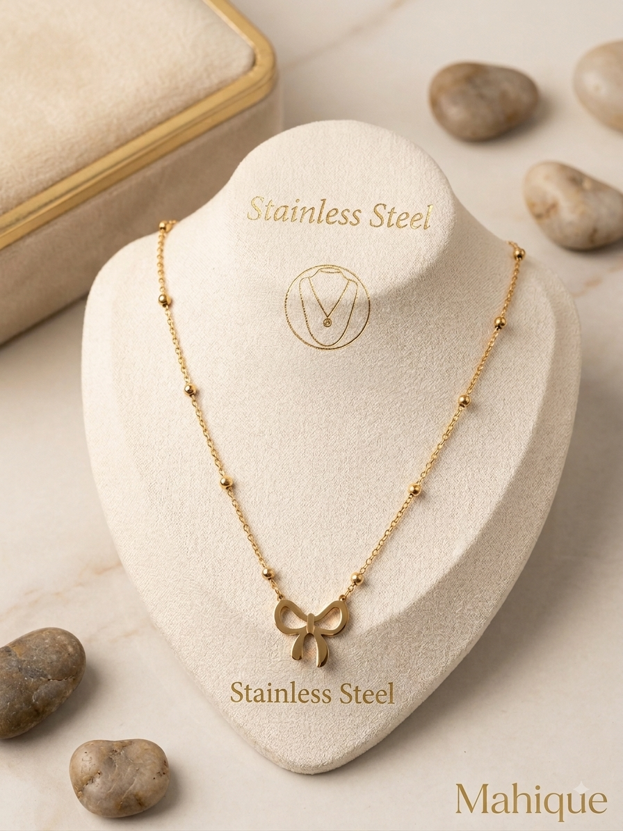 Stainless Steel Gold Plated Bow Pendant Satellite Chain Necklace