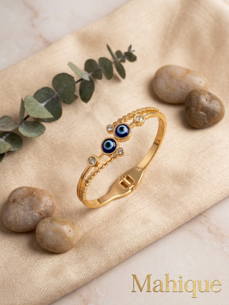Gold Plated Blue Evil Eye Dual Motif Beaded Bypass Hinged Cuff Bracelet