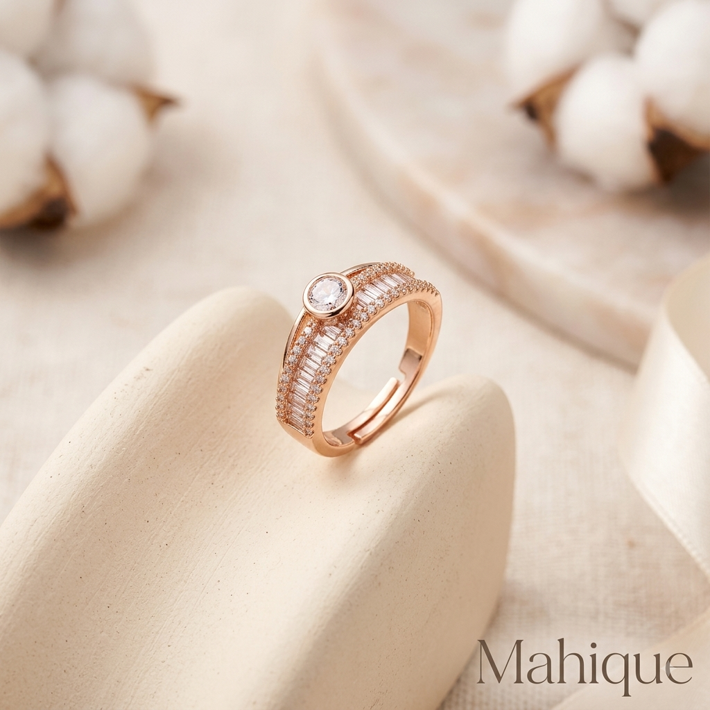 Rose Gold Plated Baguette CZ Adjustable Solitaire Ring