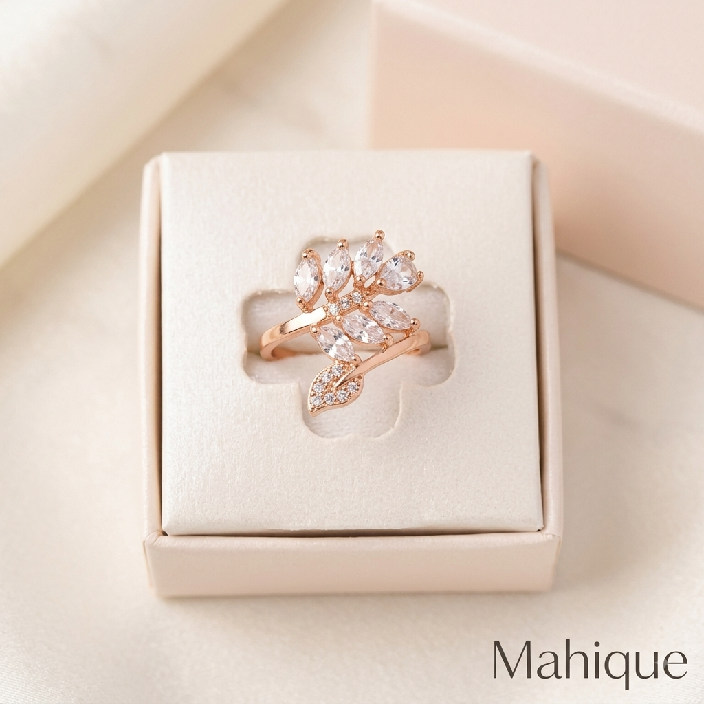 Rose Gold Marquise Leaf Crystal Adjustable Ring