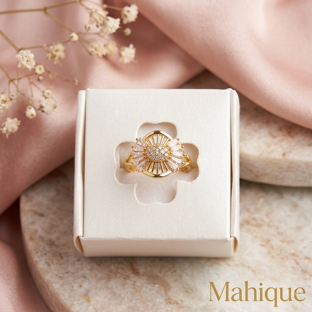Gold Plated Sunburst CZ Adjustable Statement Ring