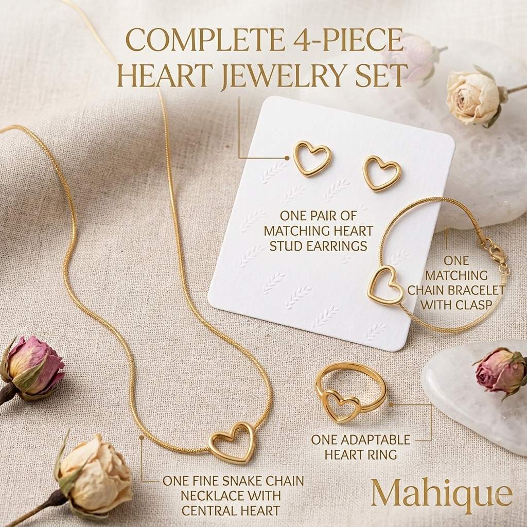 Complete 4-Piece Open Heart Jewelry Set – Gold Snake Chain Necklace, Bracelet, Ring & Stud Earrings