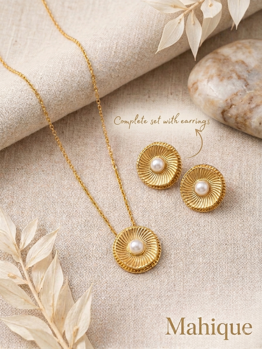 Vintage Pearl Sunburst Jewelry Set – Gold Pendant Necklace and Stud Earrings