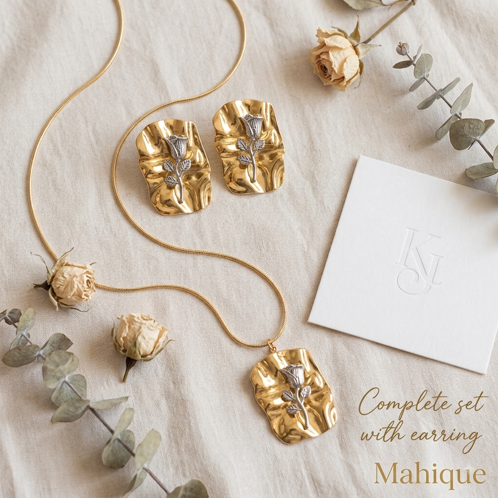 Vintage Two-Tone Hammered Rose Jewelry Set – Gold Pendant Necklace and Statement Earrings